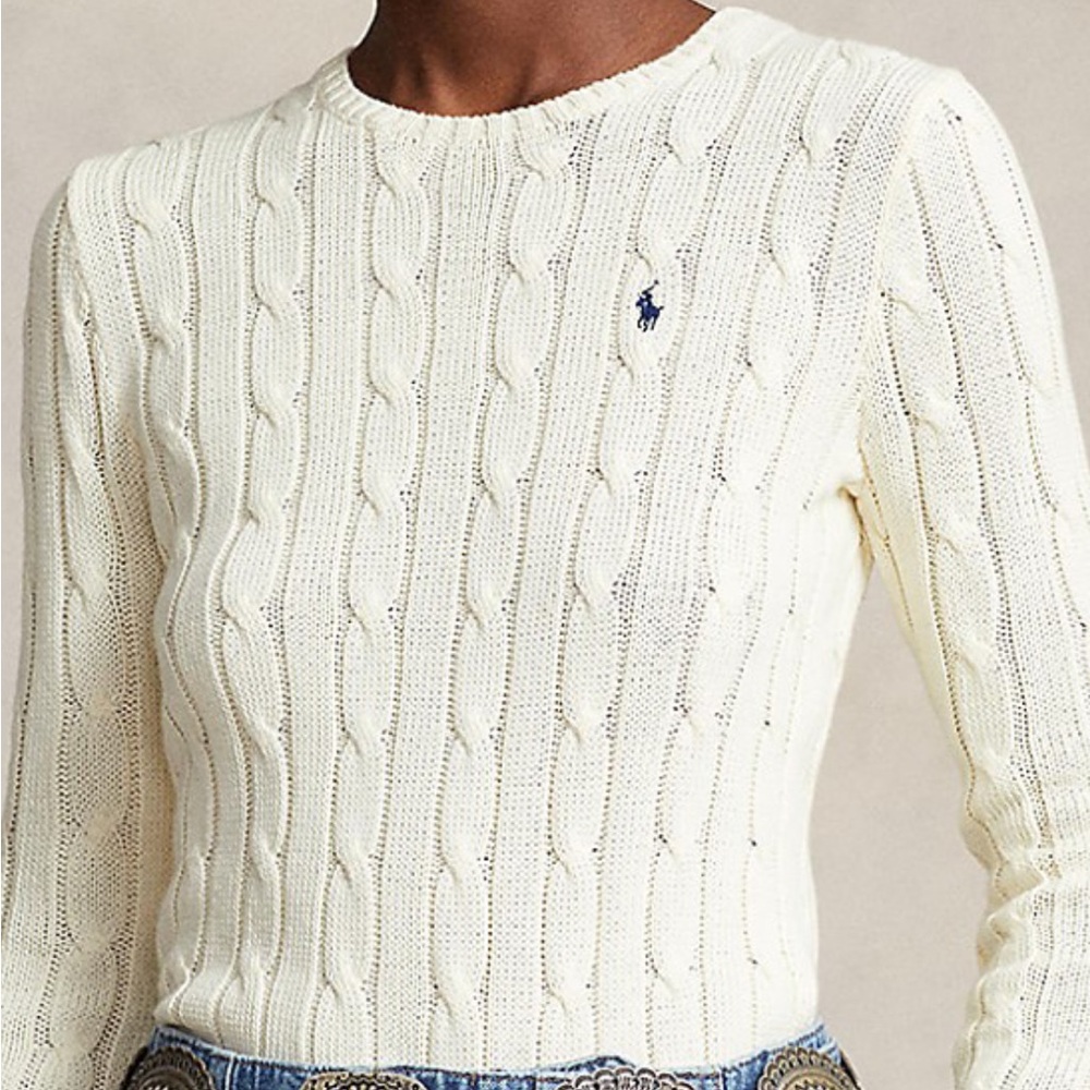 Ralph Lauren Cream-Colored Cable Knit Cotton Crewneck Sweater